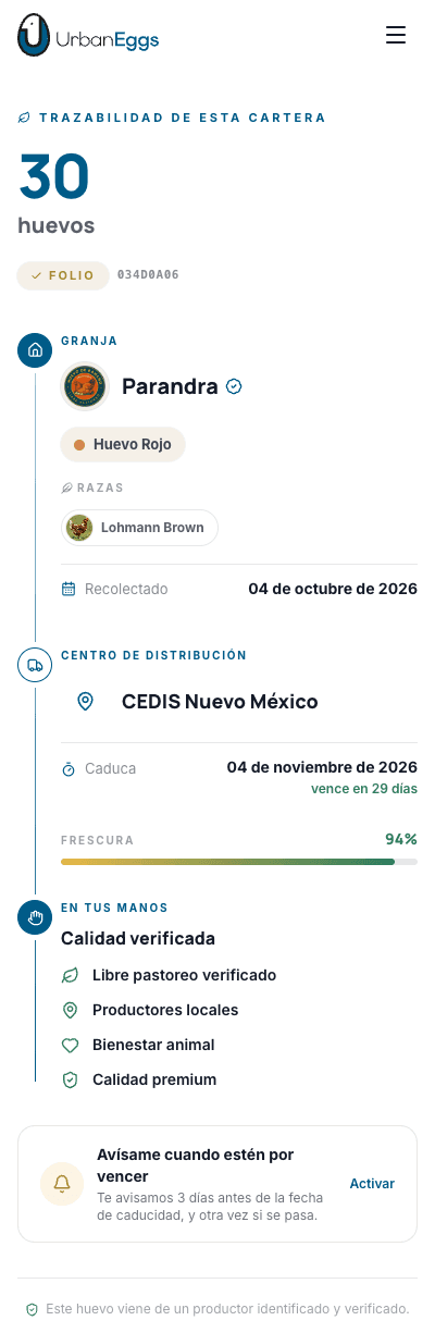Página de trazabilidad real: cartera de 30, granja Parandra, raza y frescura